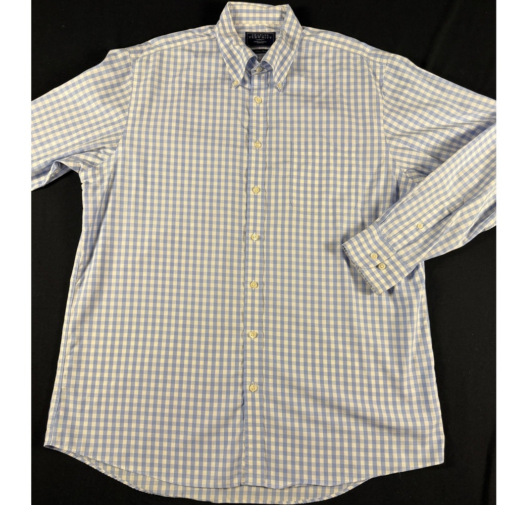 Charles Tyrwhitt Mens XL Blue Gingham Non Iron Cotton Button Down Shirt Long Slv